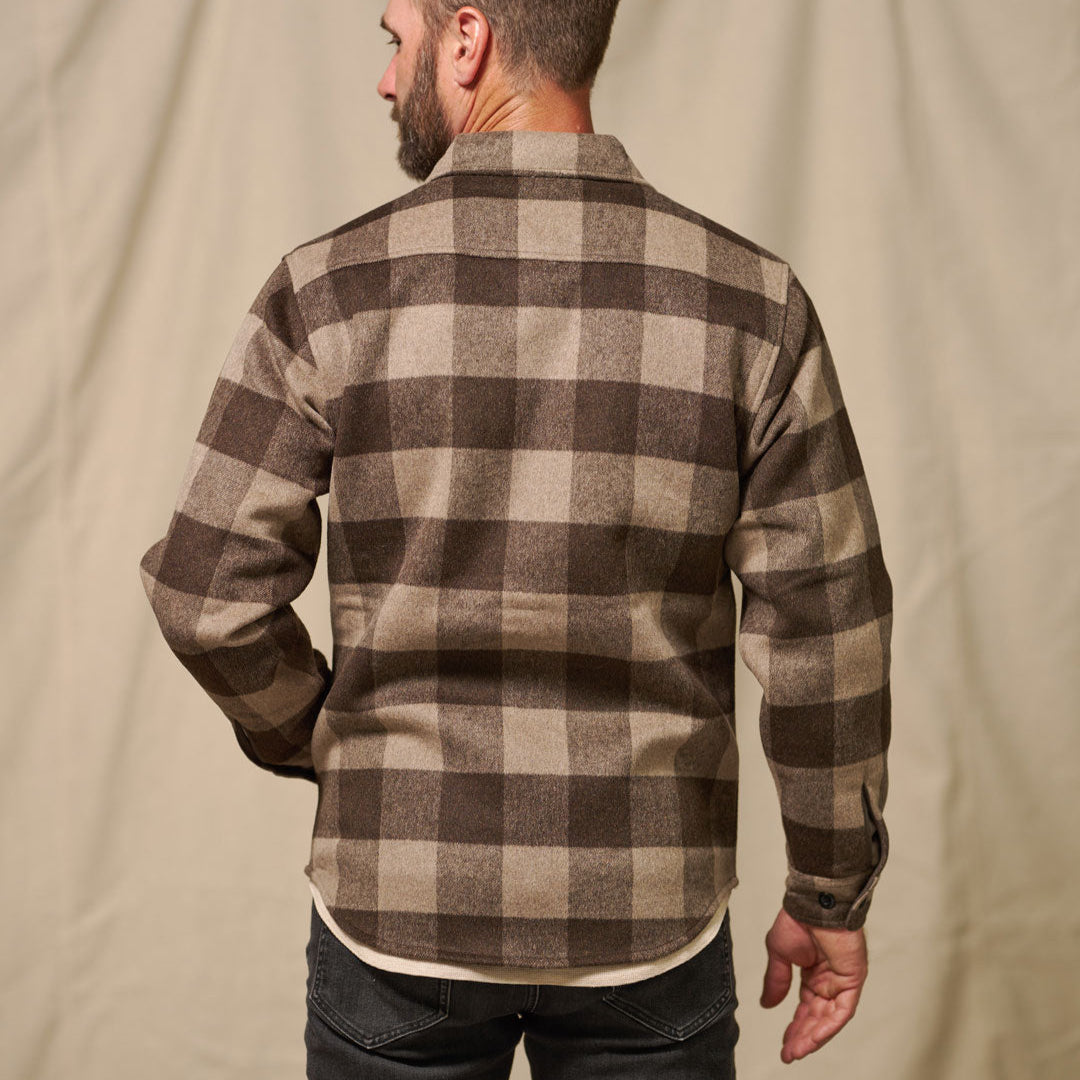 Back view of Yukon Wool Shirt Jac Buffalo Check highlighting full plaid design and yoke construction