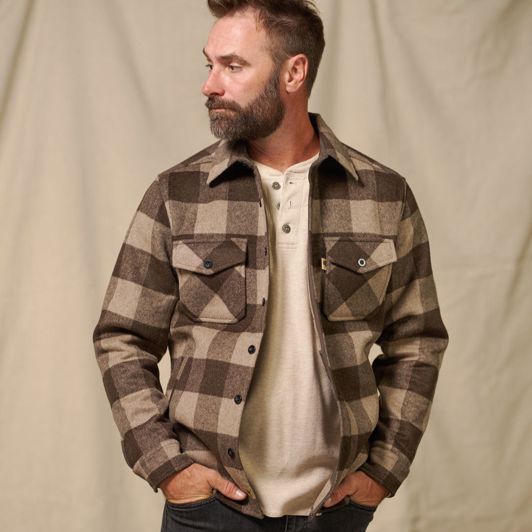 Collar and neckline detail of Yukon Wool Shirt Jac Buffalo Check with interior nylon trim and reinforced seams