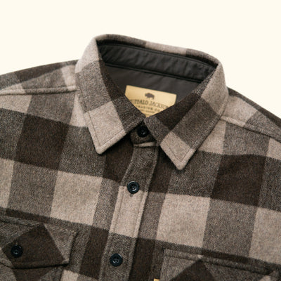 Collar and neckline detail of Yukon Wool Shirt Jac Buffalo Check with interior nylon trim and reinforced seams