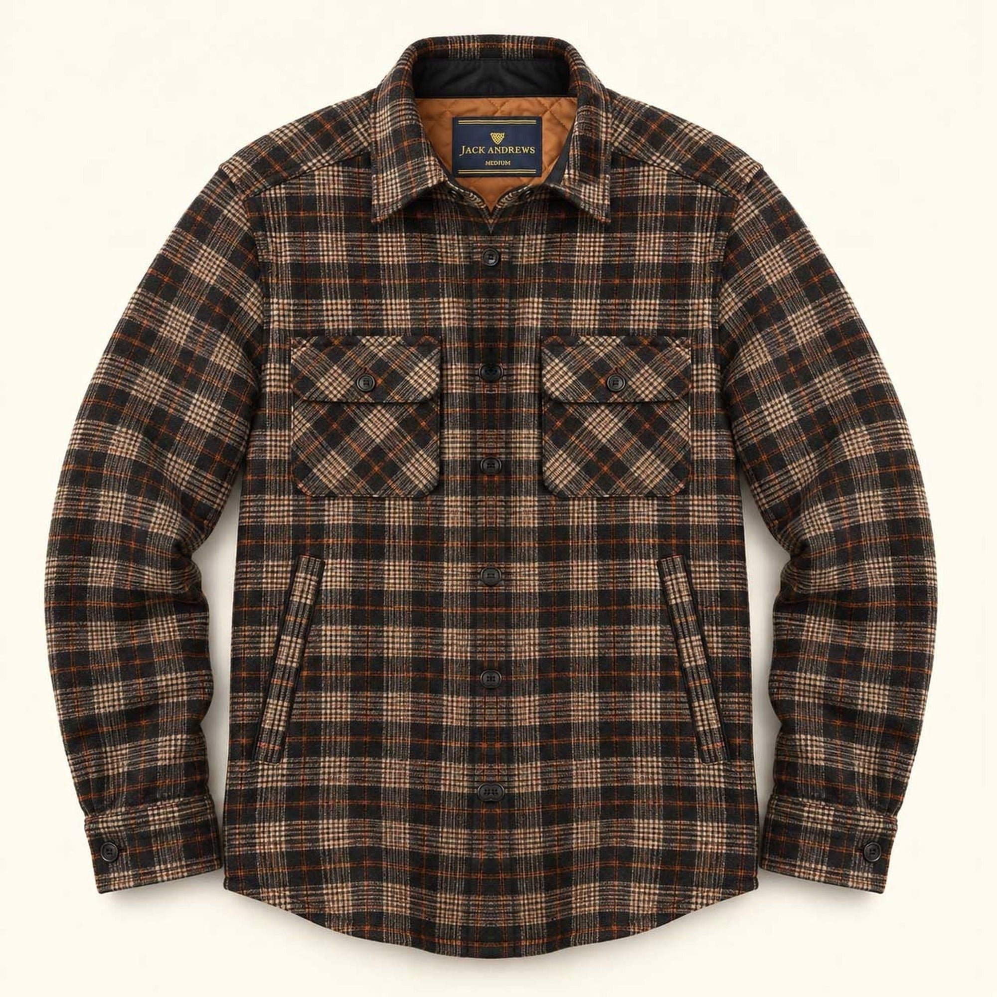Aberdeen Wool Twill Shirt Jac in Brown Briar, laid flat, front, buttoned