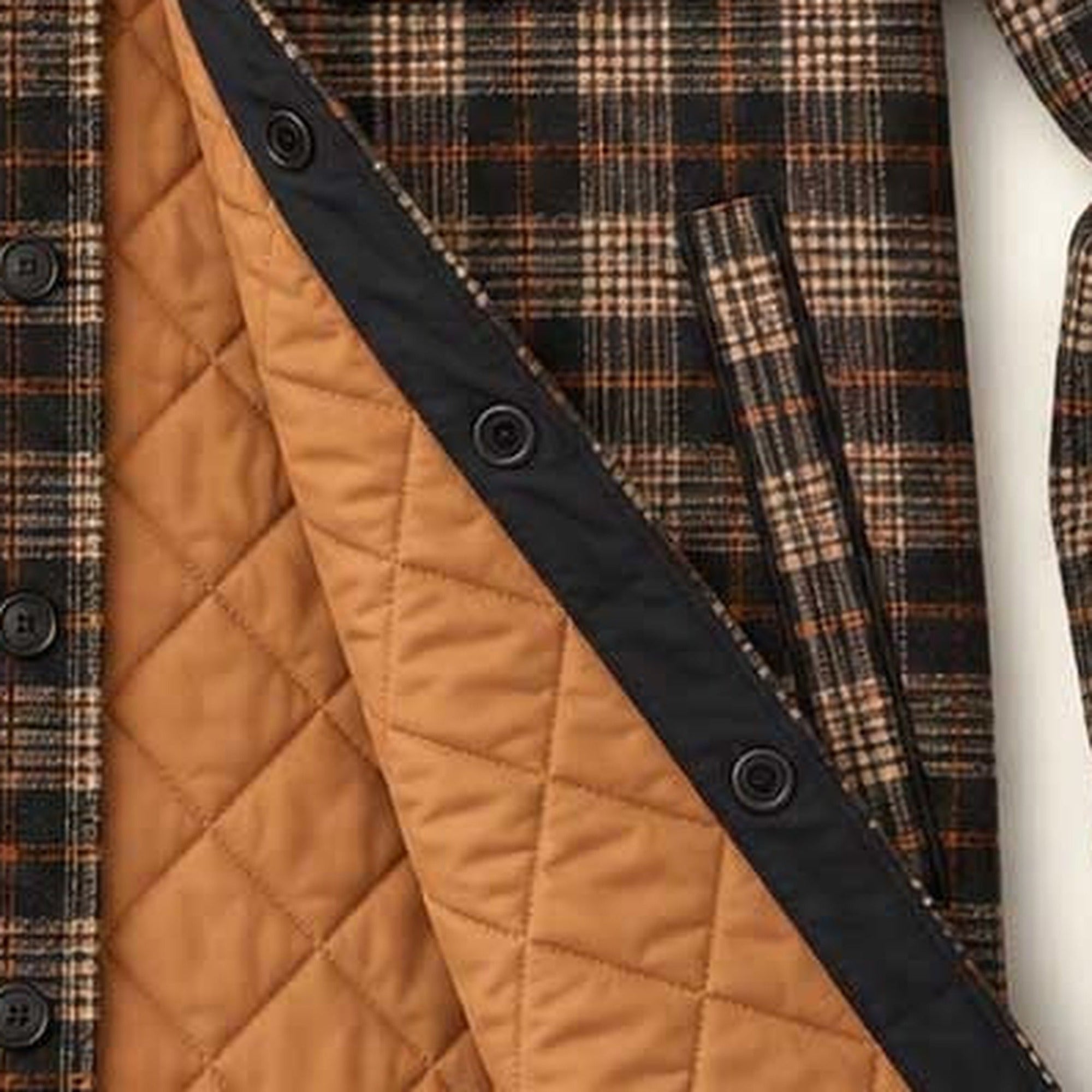 Aberdeen Wool Twill Shirt Jac in Brown Briar: quilted orange lining detail
