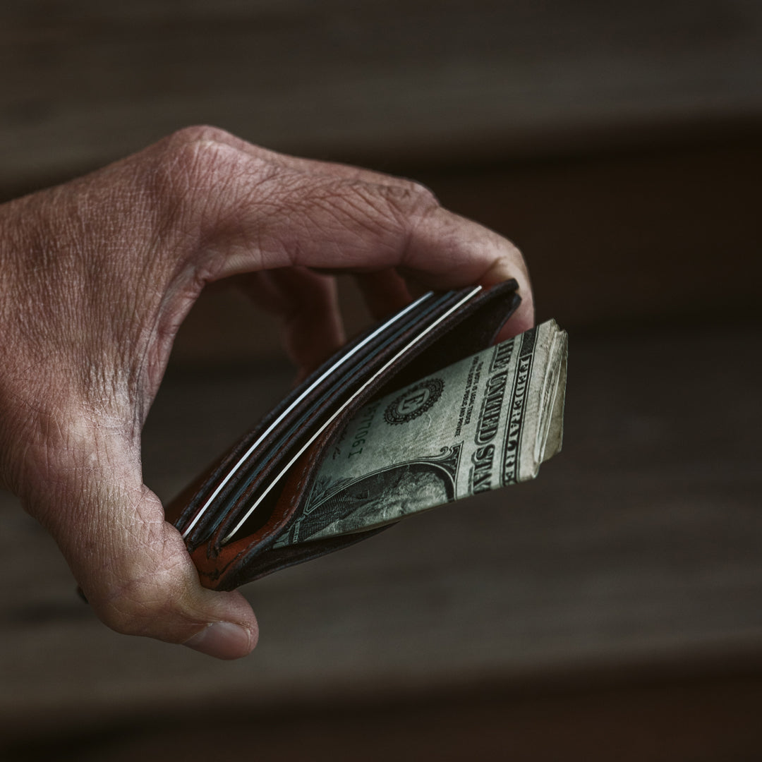 Elegant slim ID wallet crafted in premium amber brown leather, ideal for streamlined carrying. Open Slot on Top for Cash and Receipts