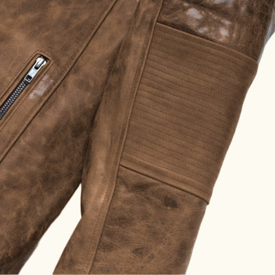 Cafe Racer Leather Jacket in Distressed Brown, ribbed sleeve panel detail.