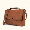 Elegant autumn brown leather messenger bag with smooth finish, adjustable shoulder strap, and secure flap closure, perfect for professional use.