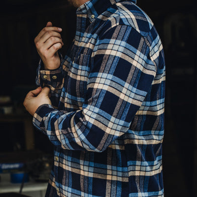 Fairbanks Flannel Shirt side view showing shirt’s button-down collar and soft pre-washed flannel fabric
