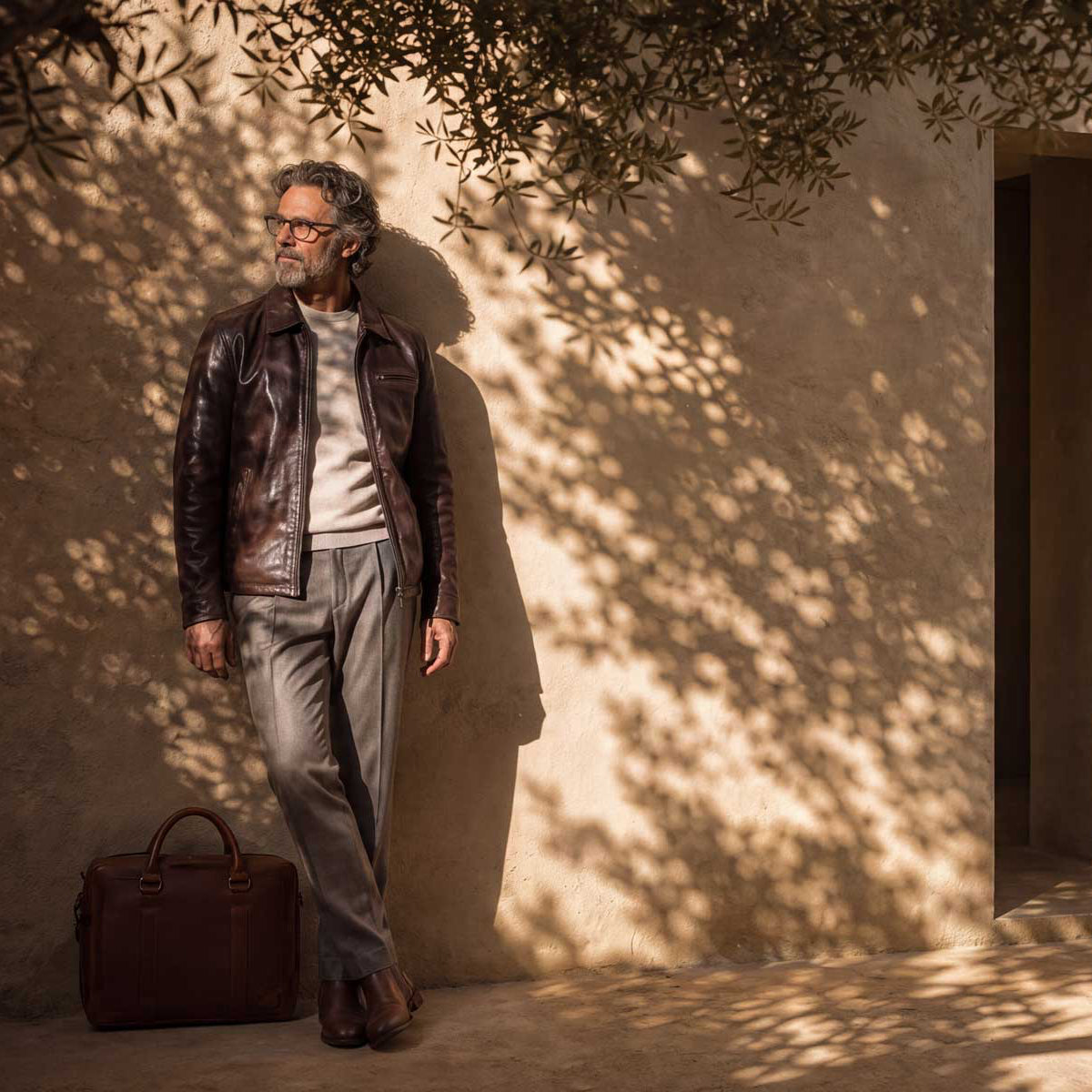 A man wearing a dark brown leather jacket, white shirt, and gray trousers leans against a sunlit stucco wall beside an olive tree, with a brown leather briefcase on the ground nearby.