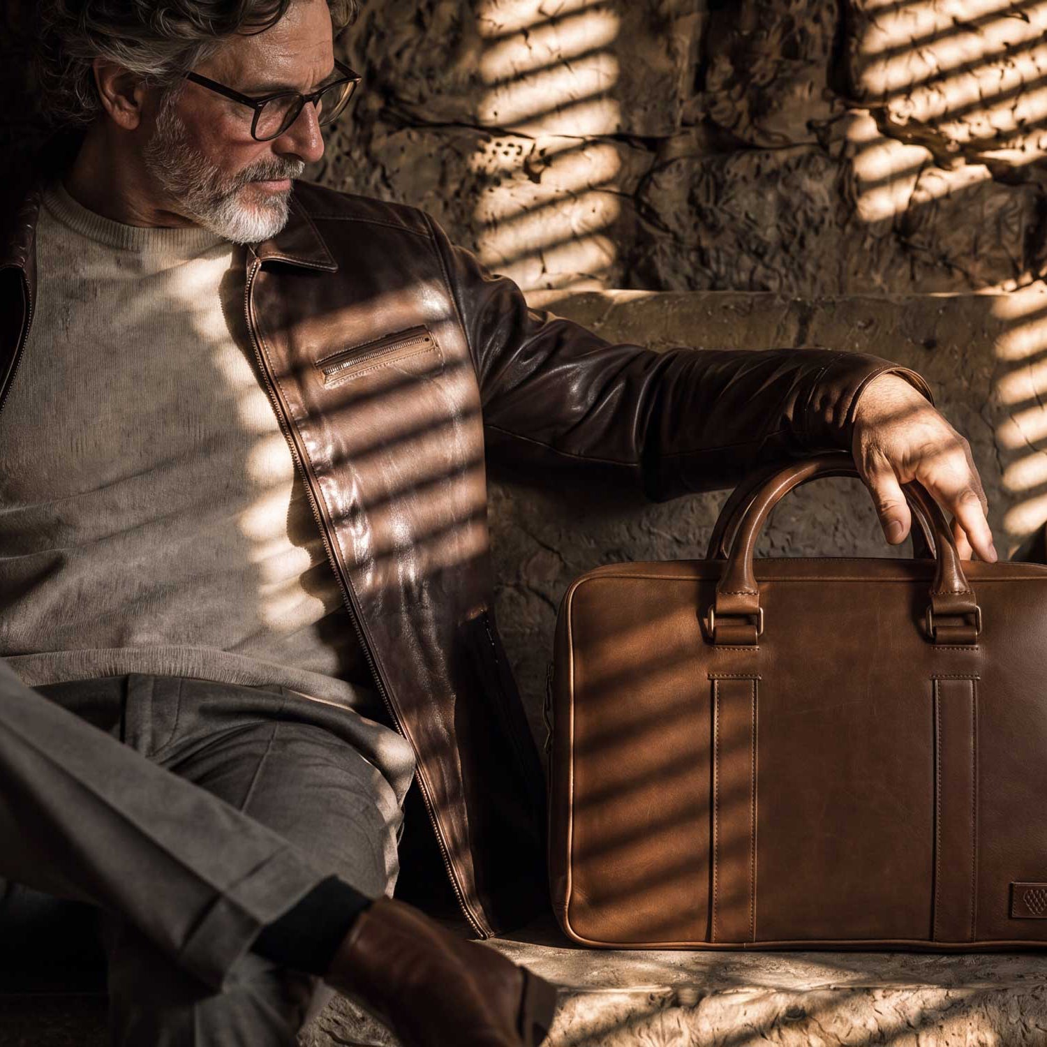 A man in a leather jacket and glasses sits on a stone bench in a rustic room, holding a brown leather briefcase with dramatic sunlight and shadow patterns across the scene.