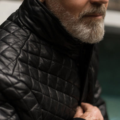 Close-up of the Highlands Quilted Leather Jacket in Black, showing the diamond quilting and collar.