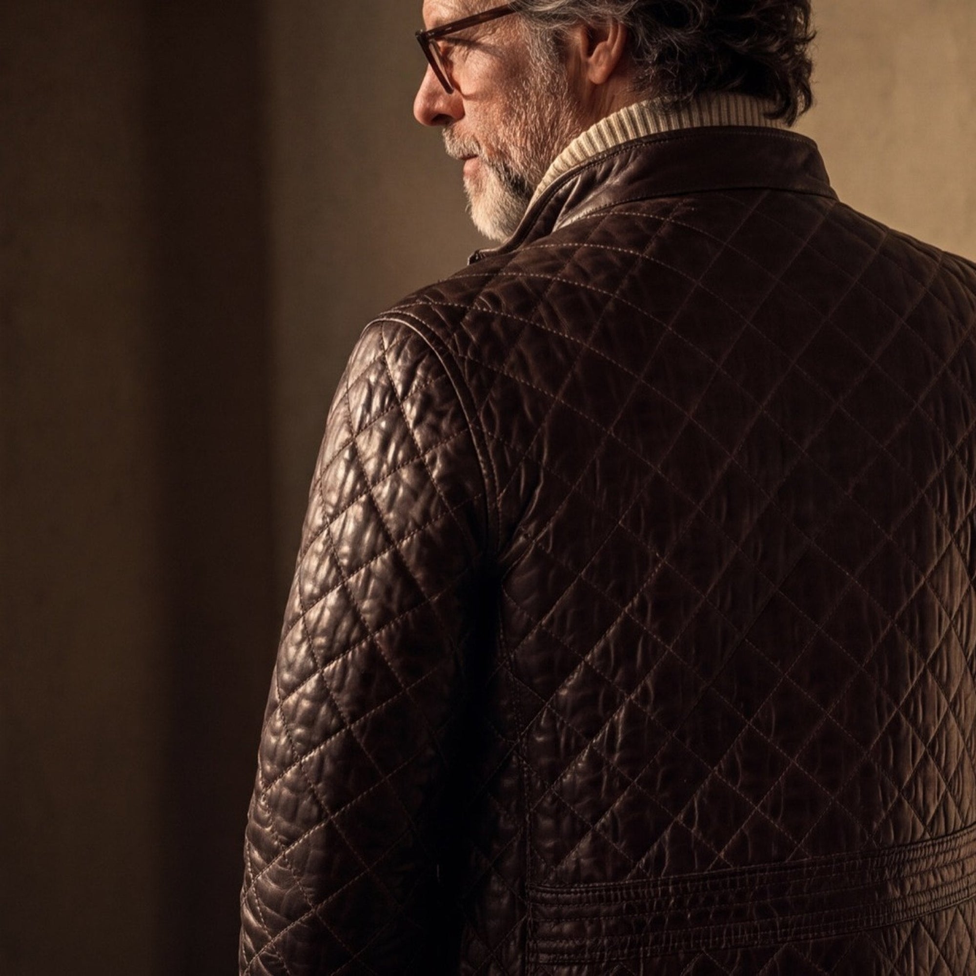 Back view of the Highlands Quilted Leather Jacket in Mahogany Brown in slatted evening light.