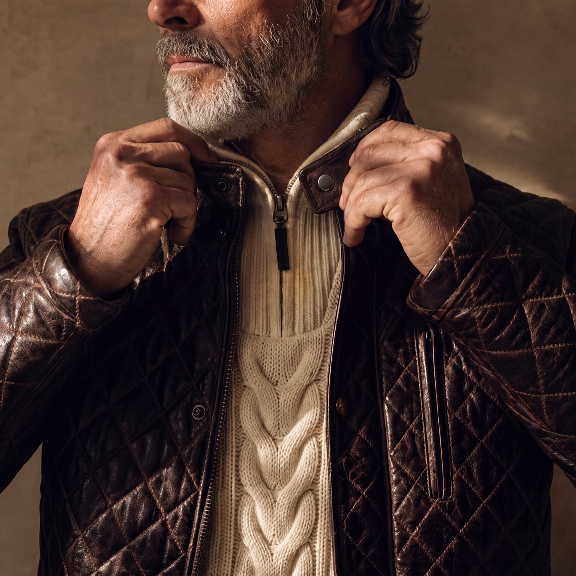 Man fastening the collar of the Highlands Quilted Leather Jacket in Mahogany Brown over a cream cable-knit sweater.