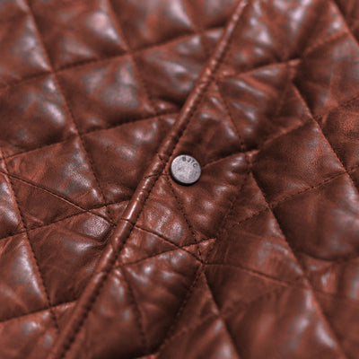 Highlands Quilted Leather Jacket in Whiskey Brown, snap and diamond quilting detail.