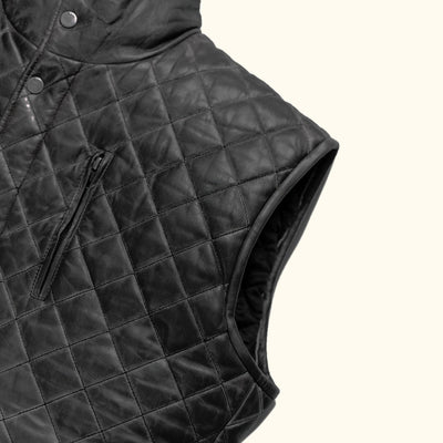 Highlands Quilted Leather Vest in Black, armhole and side quilting detail.