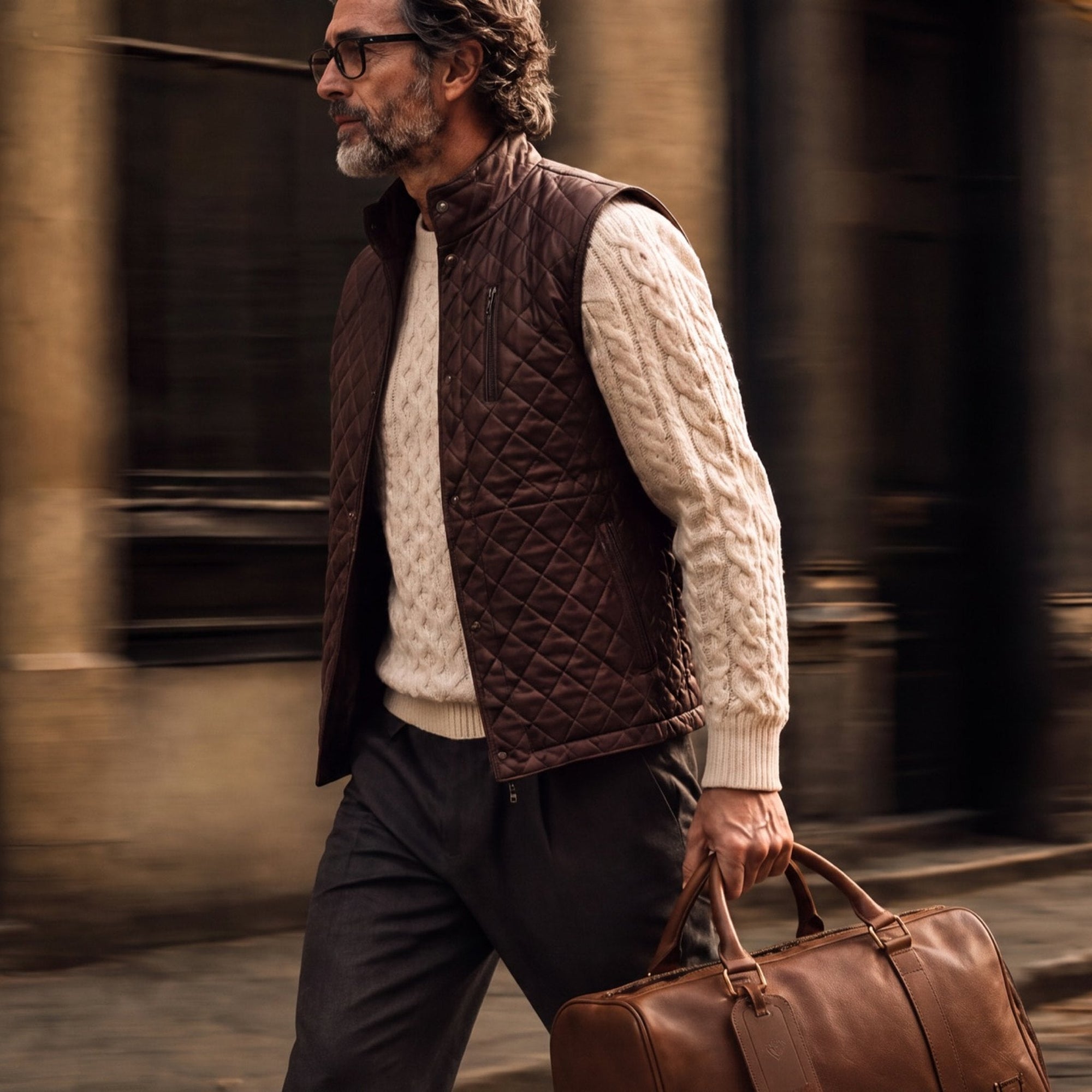 Man walking a cobbled street in the Highlands Quilted Leather Vest in Mahogany Brown with a leather duffle.
