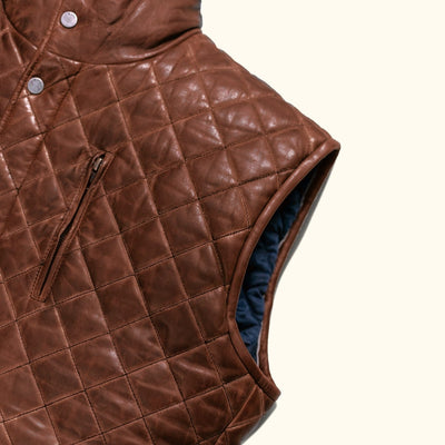 Highlands Quilted Leather Vest in Whiskey Brown, armhole and side quilting detail.