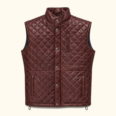 Highlands Quilted Leather Vest in Mahogany Brown, front view.