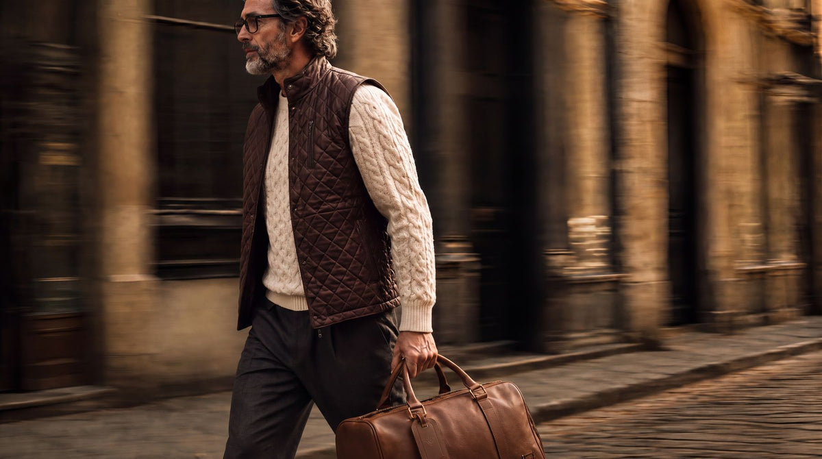 Man in a quilted leather vest and cable knit walking a cobbled street with a leather duffle