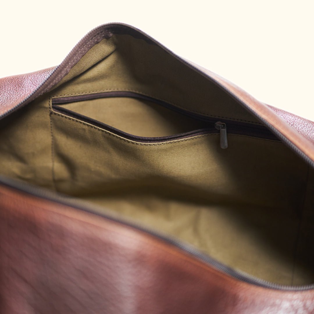 Zippered Interior View of Travel Duffle for Passport, Wallets, Accessories -