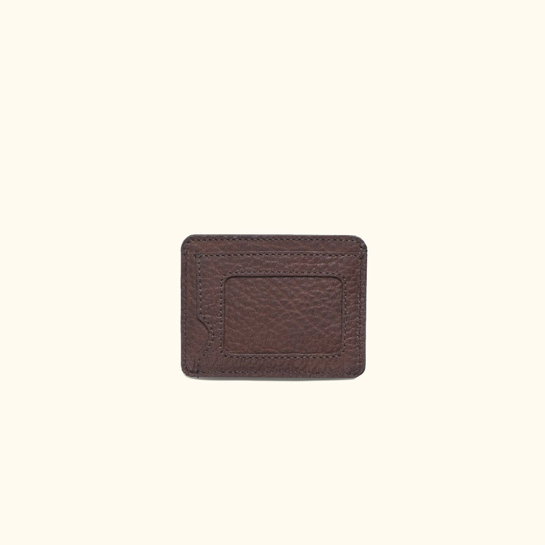 Dark brown slim full-grain buffalo leather wallet for men with photo ID window and three credit card slots