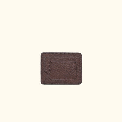 Dark brown slim leather wallet with ID slot and minimalist design, perfect for everyday use.