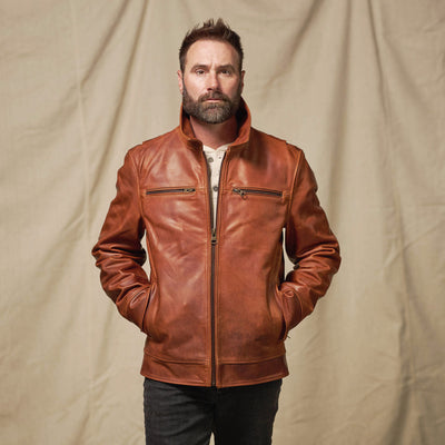 Man wearing a brown leather jacket against a beige background