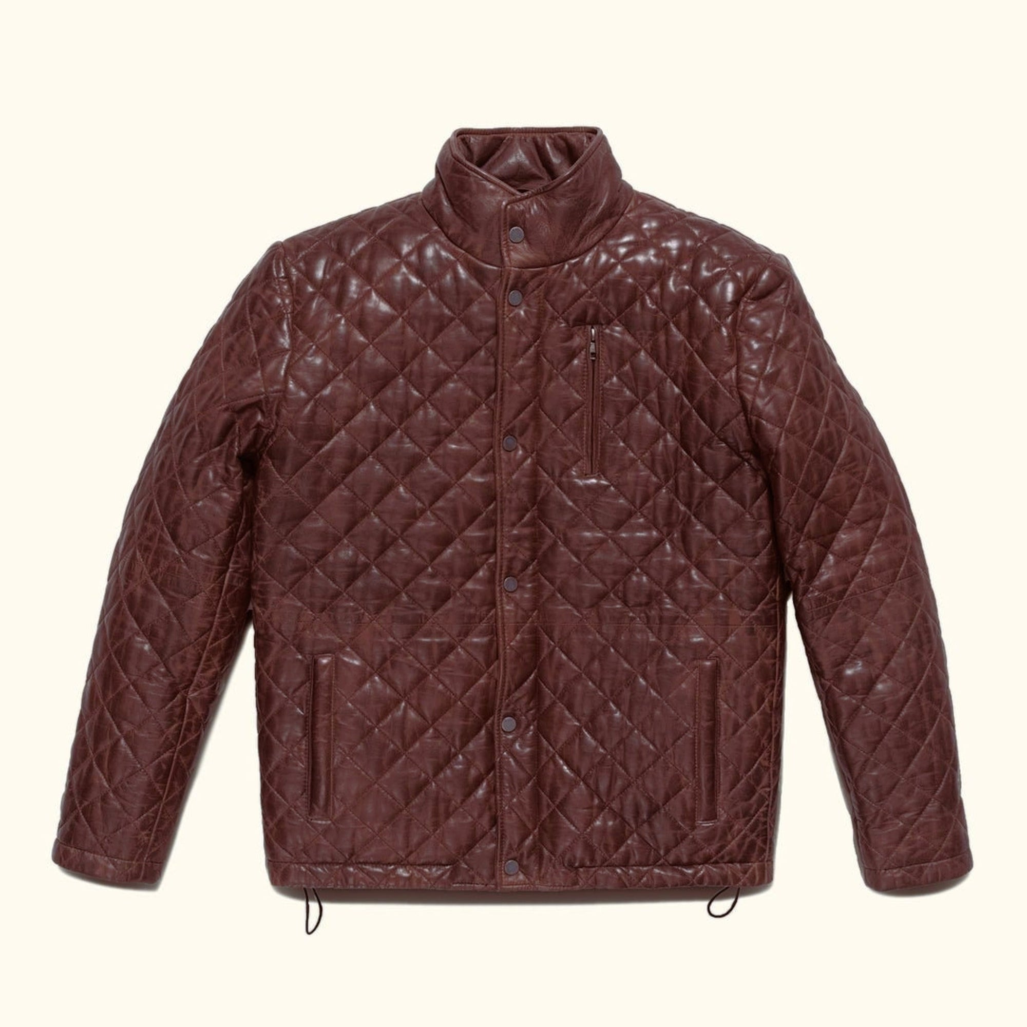 Highlands Quilted Leather Jacket in Mahogany Brown, front view.