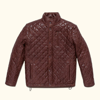 Highlands Quilted Leather Jacket in Mahogany Brown, front view.