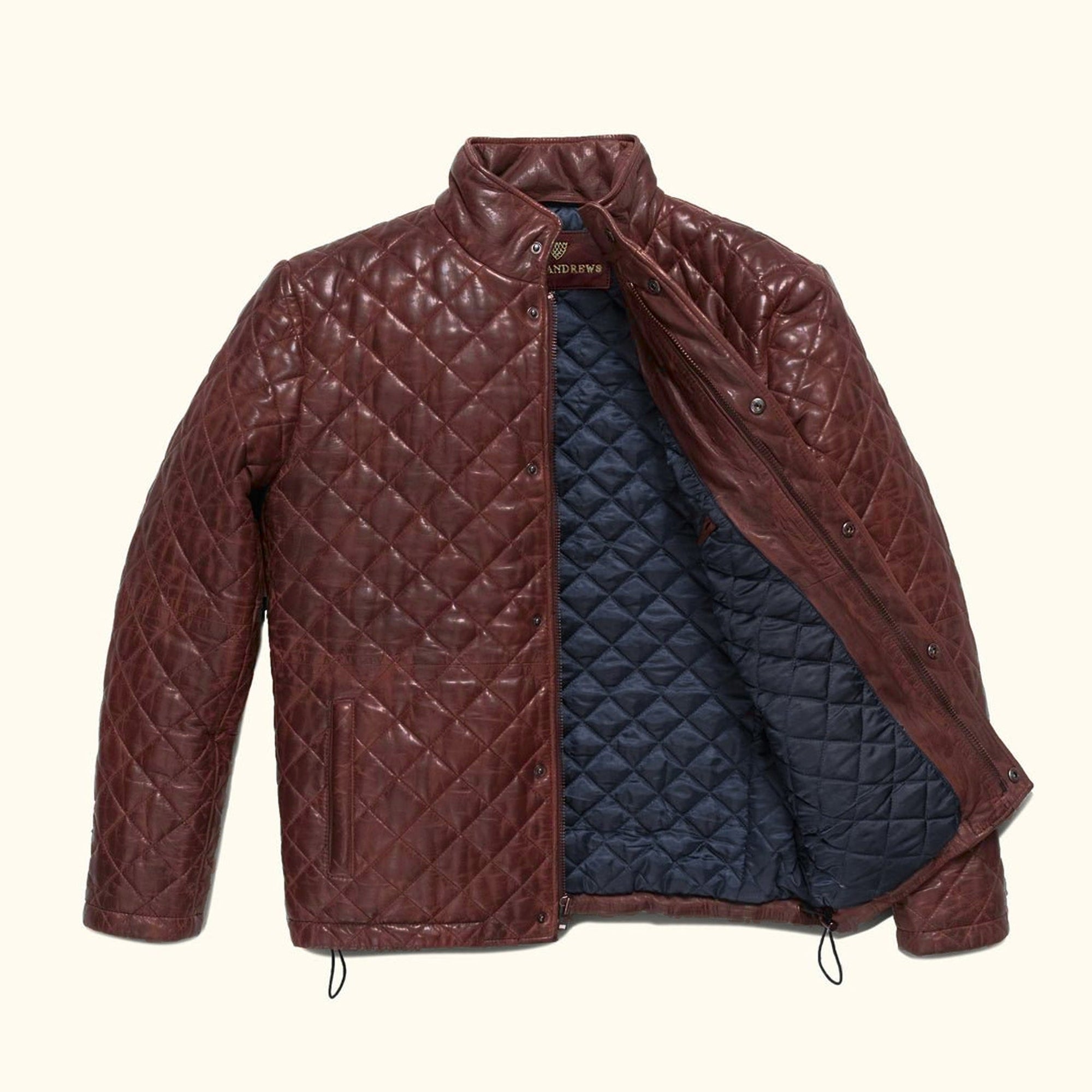 Highlands Quilted Leather Jacket in Mahogany Brown, unzipped to show the navy quilted lining.