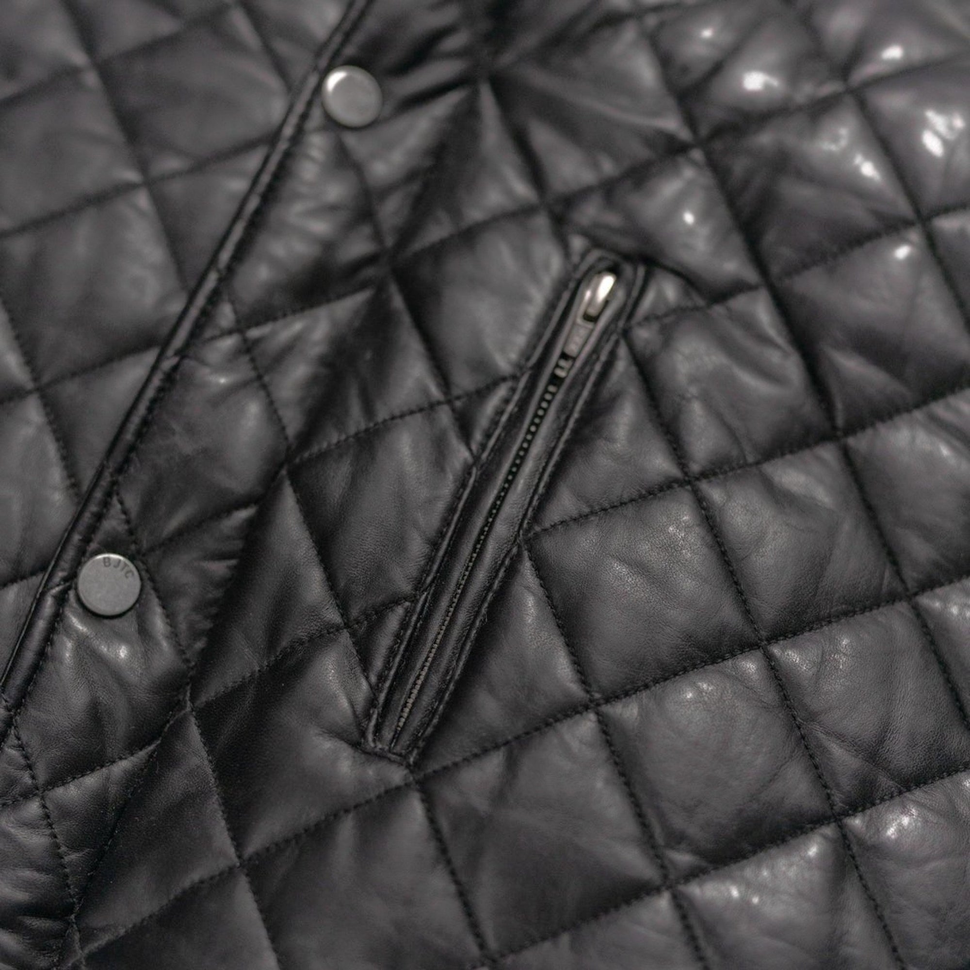 Highlands Quilted Leather Vest in Black, snap and diamond quilting detail.
