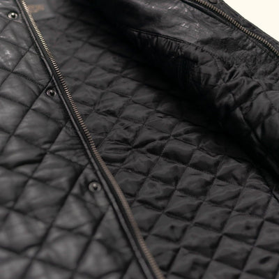 Highlands Quilted Leather Vest in Black, zippered chest pocket detail.
