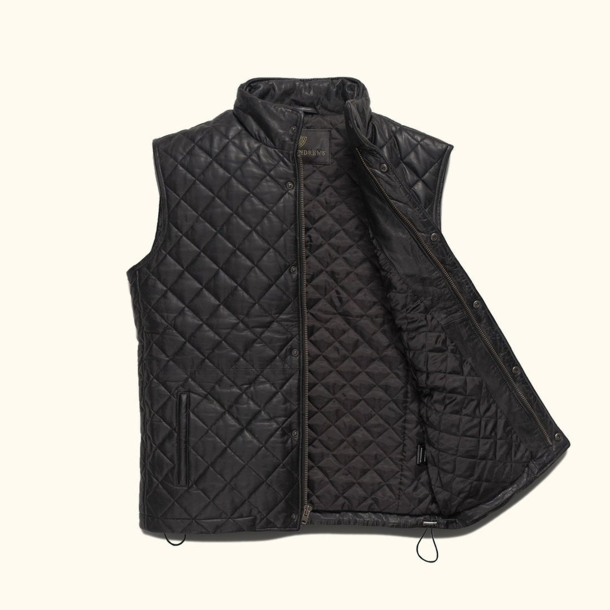 Highlands Quilted Leather Vest in Black, open to show the quilted lining.