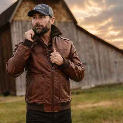 Limited Maverick Leather Bomber Jacket in Buffalo Grain Brown, full grain water buffalo leather men's bomber jacket with detachable sherpa collar, front view.