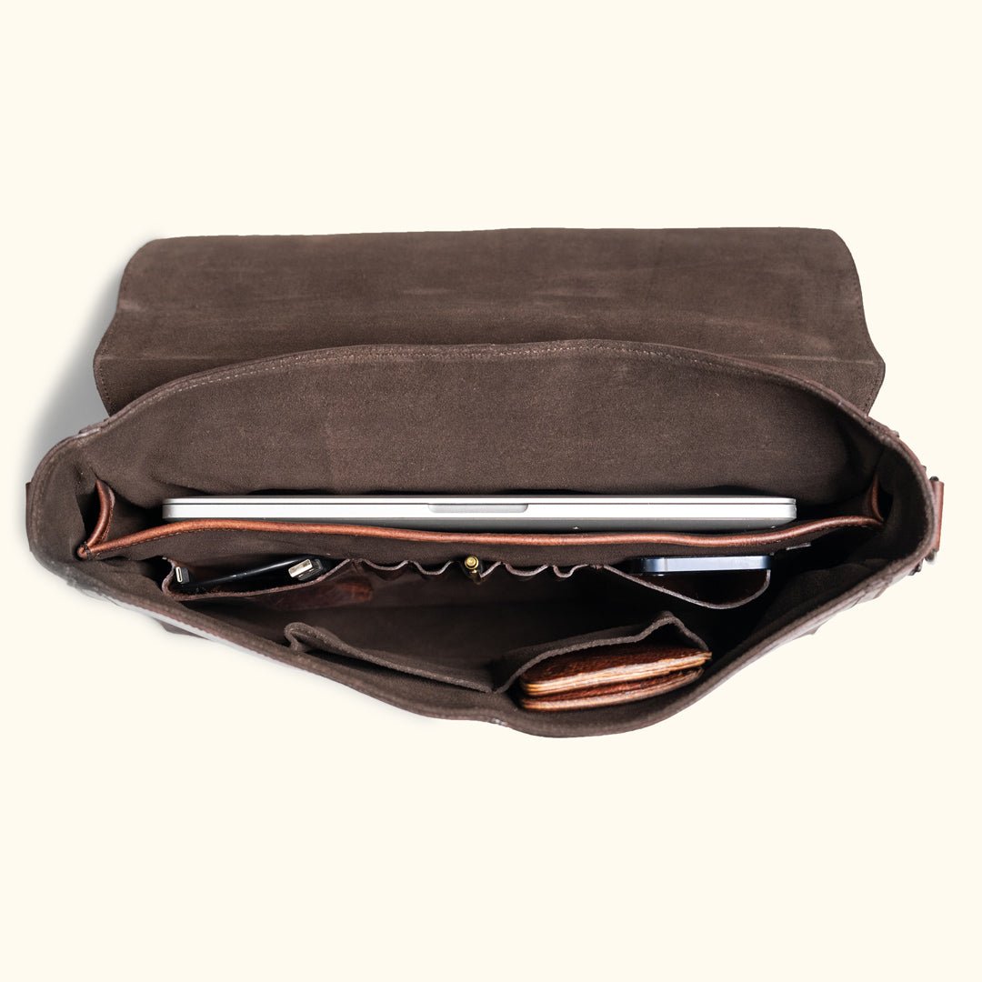 Roosevelt Leather Messenger Bag open view — fits laptop, wallet, phone, and pens, antique brass fittings, Dark Oak
