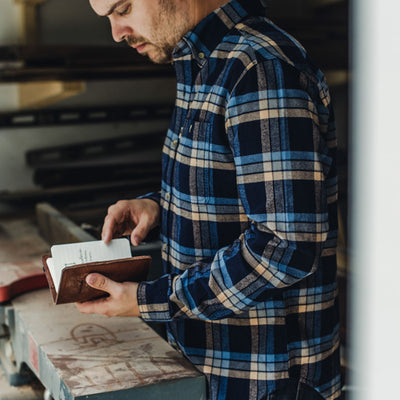 Close-up of fabric texture on Fairbanks Flannel Shirt Navy Lake Plaid showing pre-washed softness and midweight flannel weave