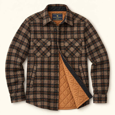 Aberdeen Wool Twill Shirt Jac in Brown Briar, unbuttoned to show the orange quilted lining