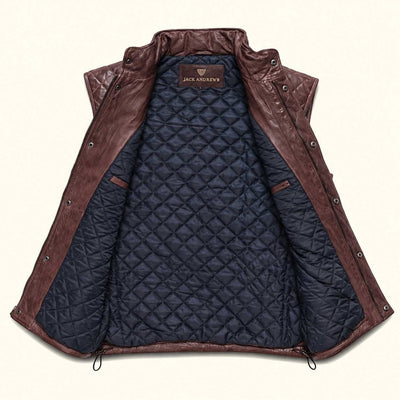 Highlands Quilted Leather Vest in Mahogany Brown, laid open to show the navy quilted lining and Jack Andrews label.