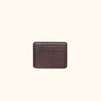 Compact Roosevelt buffalo grain leather wallet with ID window and detailed stitching.