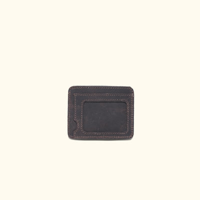 Elegant slim ID wallet in dark oak leather, ideal for minimalistic card carrying.