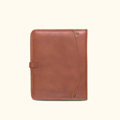 "Sophisticated dark oak leather padfolio open with sections for gadgets, cards, and a notepad, perfect for business professionals.