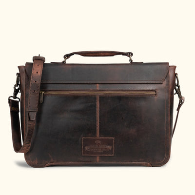 Professional dark brown leather messenger bag featuring a secure back pocket zipper, ideal for safe access to essentials on the go.
