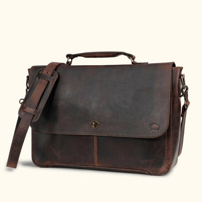Roosevelt Full-Grain Leather Laptop Messenger Bag in Dark Oak — antique brass turn-lock clasp, adjustable strap, front angle
