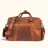 Rear- Sophisticated brown leather briefcase with a vintage patina, practical organizational pockets, and a comfortable shoulder strap for daily commuting.