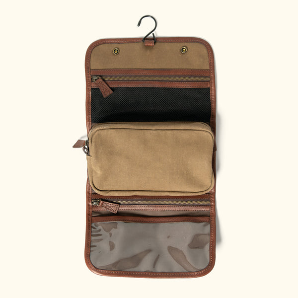 Buffalo Jackson Trading Co. Dakota Waxed Canvas Dopp Kit Toiletry Bag | Navy Charcoal w/ Saddle Tan Leather
