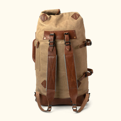 Men's Waxed Canvas Military Sea Bag Backpack | Field Khaki w/ Chestnut Brown Leather