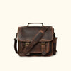 Roosevelt buffalo leather camera bag in dark oak with adjustable strap and antique brass buckles.