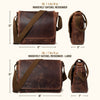 Size comparison of dark oak Roosevelt leather satchel messenger bags, showcasing front, side, and back views with dimensions for 18L and 28L capacities.