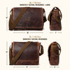 Dark oak leather messenger bag, Roosevelt satchel, spacious, sturdy strap, size comparison, vintage design, versatile use.