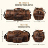 Sizing for the Durable dark oak leather travel bag with capacious compartments, sturdy handles, and an over-the-shoulder strap for comfort and style.