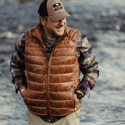 Men's Leather Down Vest | Light Brown