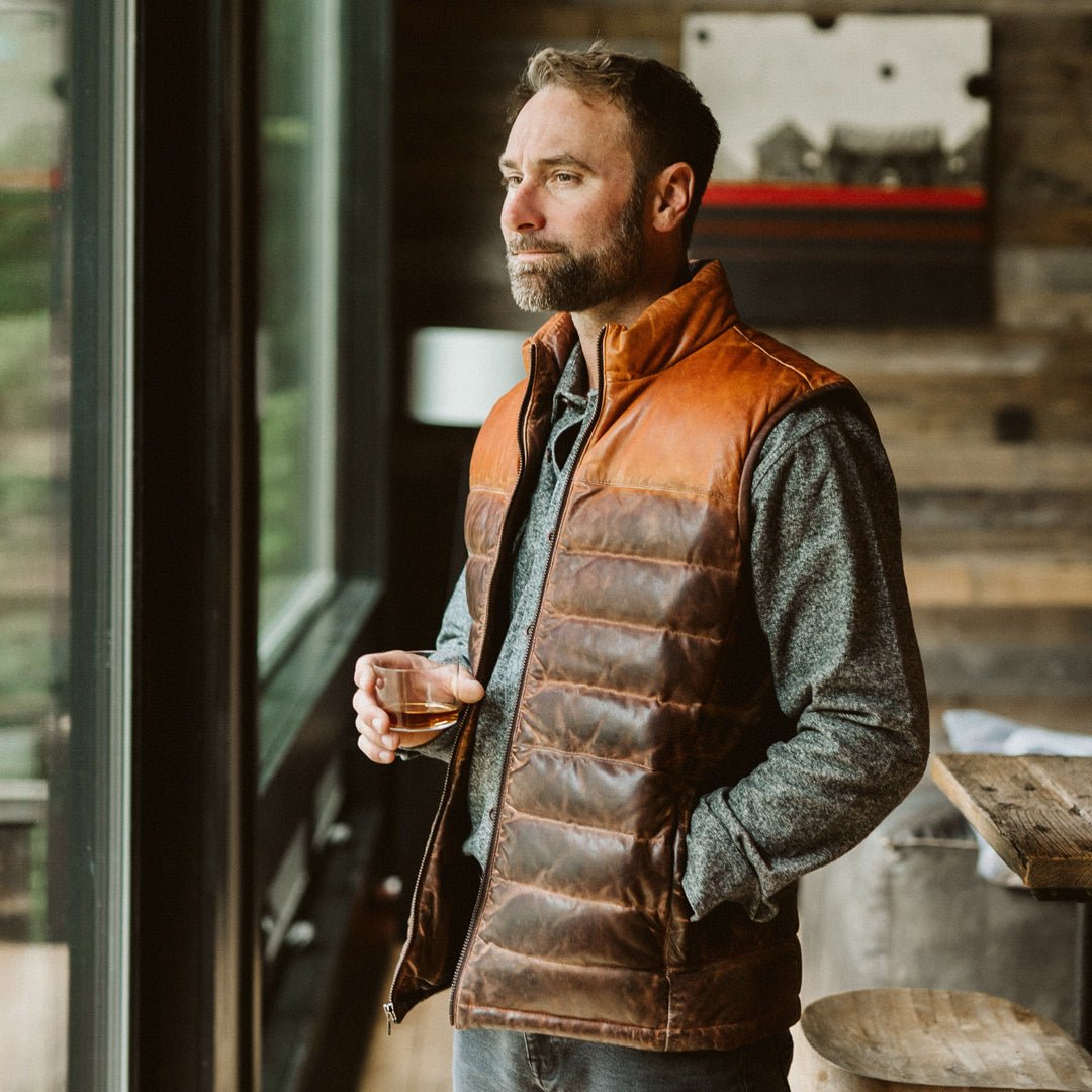 mens Bridger Leather Down Vest | Tan & Brown