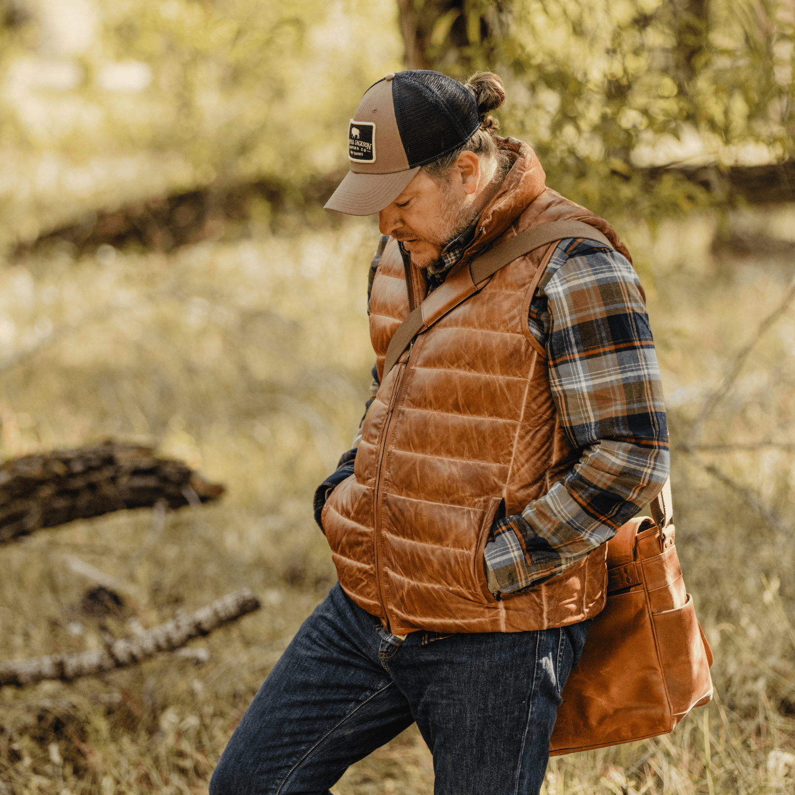Men's Leather Down Vest | Light Brown